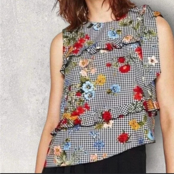 Zara Womens Black White Gingham Floral Asymmetrical Bow Cotton Summer Top size M - Picture 1 of 3